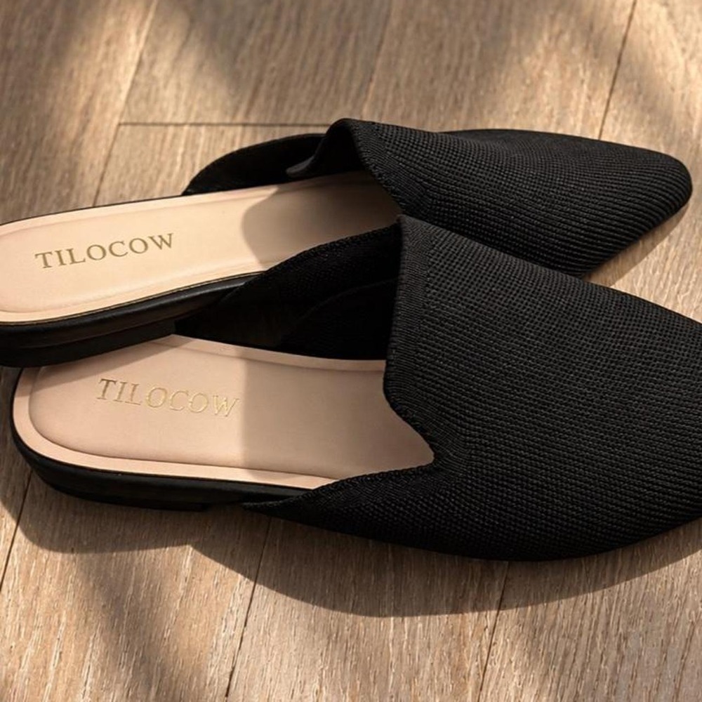 Black Pointed Toe Knit Mule Flats Slip-On Minimalist Shoes Size 8
